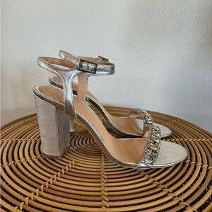 Badgley Mischka Jeweled Silver Strappy Heels, Bridal or Bridesmaid, Size 9.5